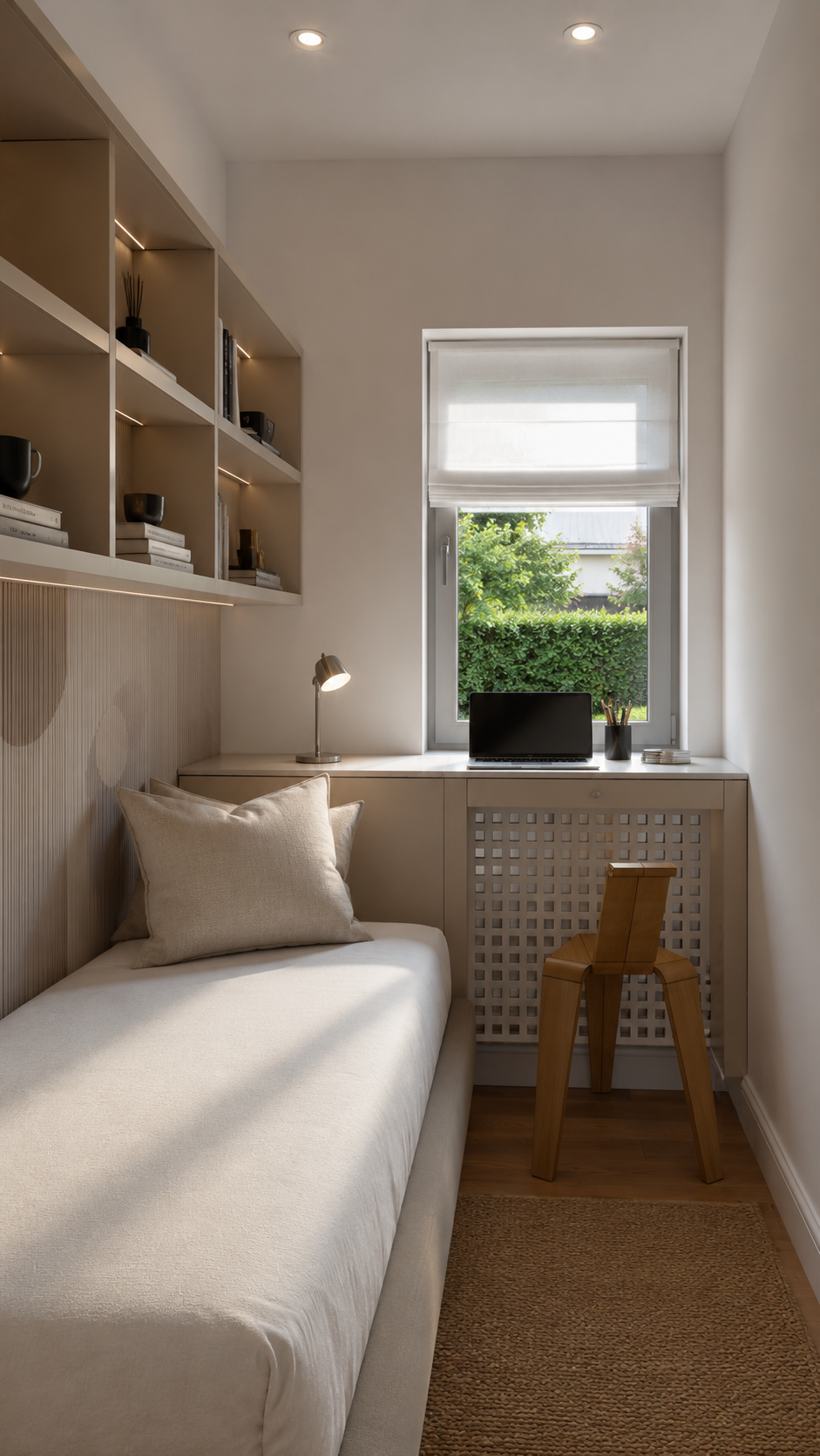 Camera studio compatta con letto, libreria e scrivania